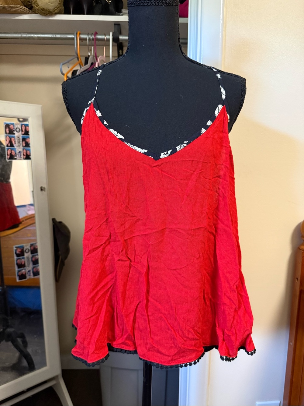 Altar'd State Red Spaghetti-Strap V-Neck Tank with Trim